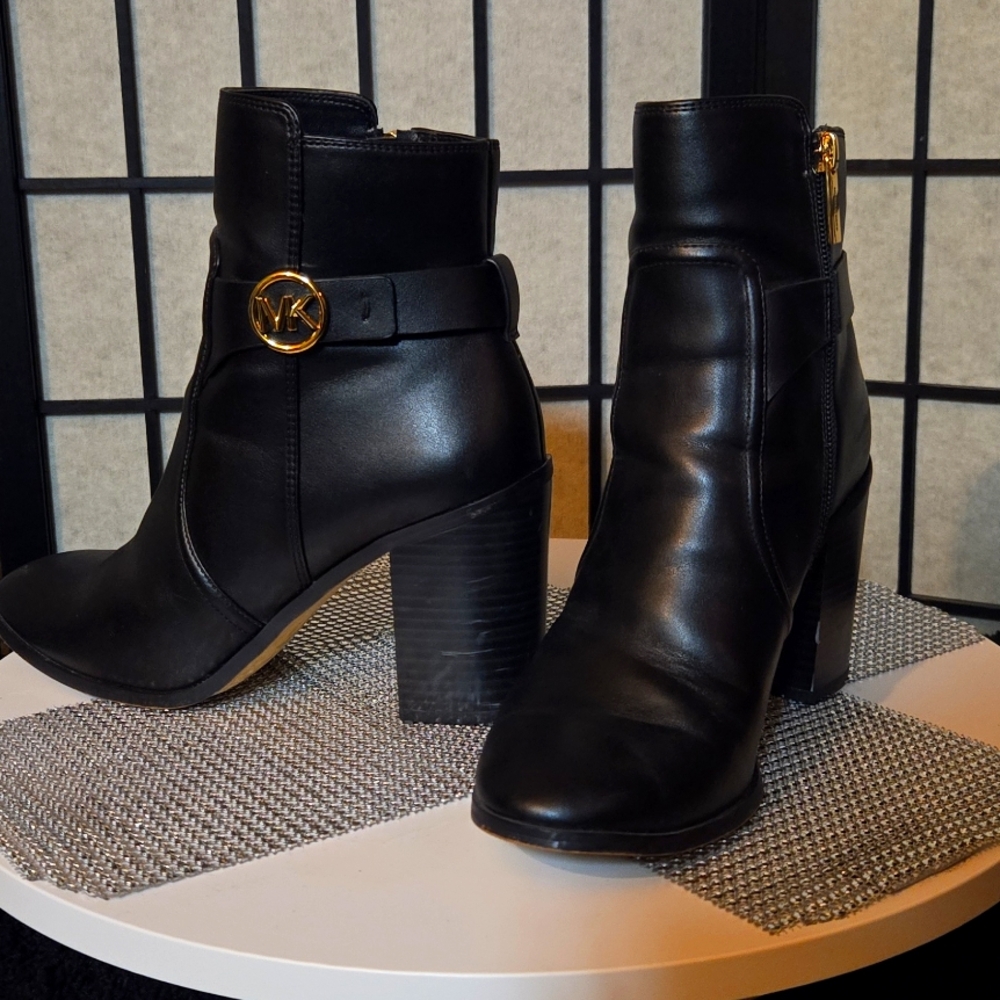 Michael Kors Black Heeled Boots with Gold Hardware